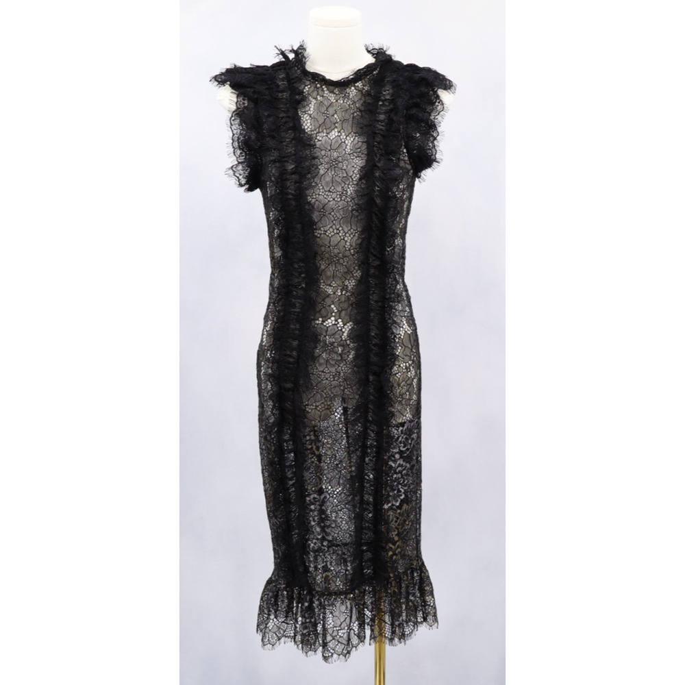 NBD Revolve Ruffle Black Silver Gold Lace Midi Pencil Dress Romantic Cocktail XS